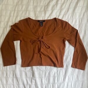 Forever 21 Cropped 3/4 Sleeve Lace Up Top in Burnt Orange / Brown  - Size Small